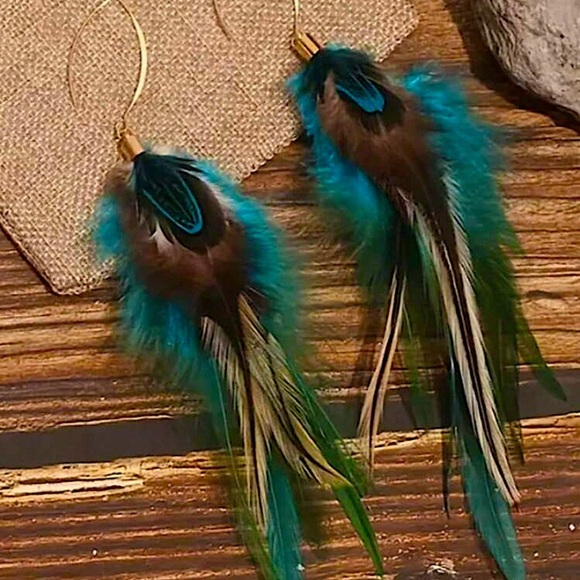 Bohemian Handmade Feather Dangle Earrings, Tribal Design, Western, Boho,… - Picture 1 of 4